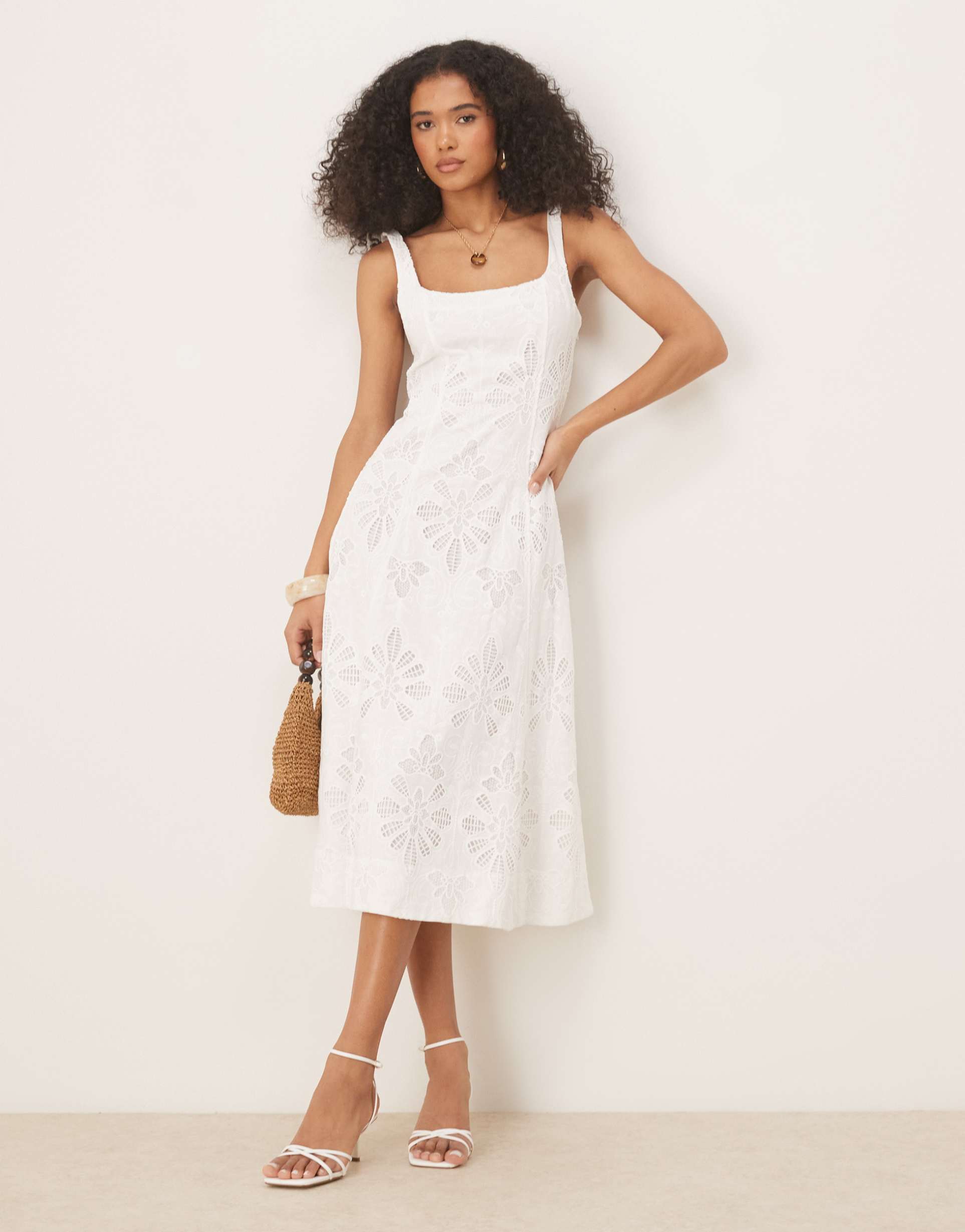 mango premium cutwork midi dress in white
