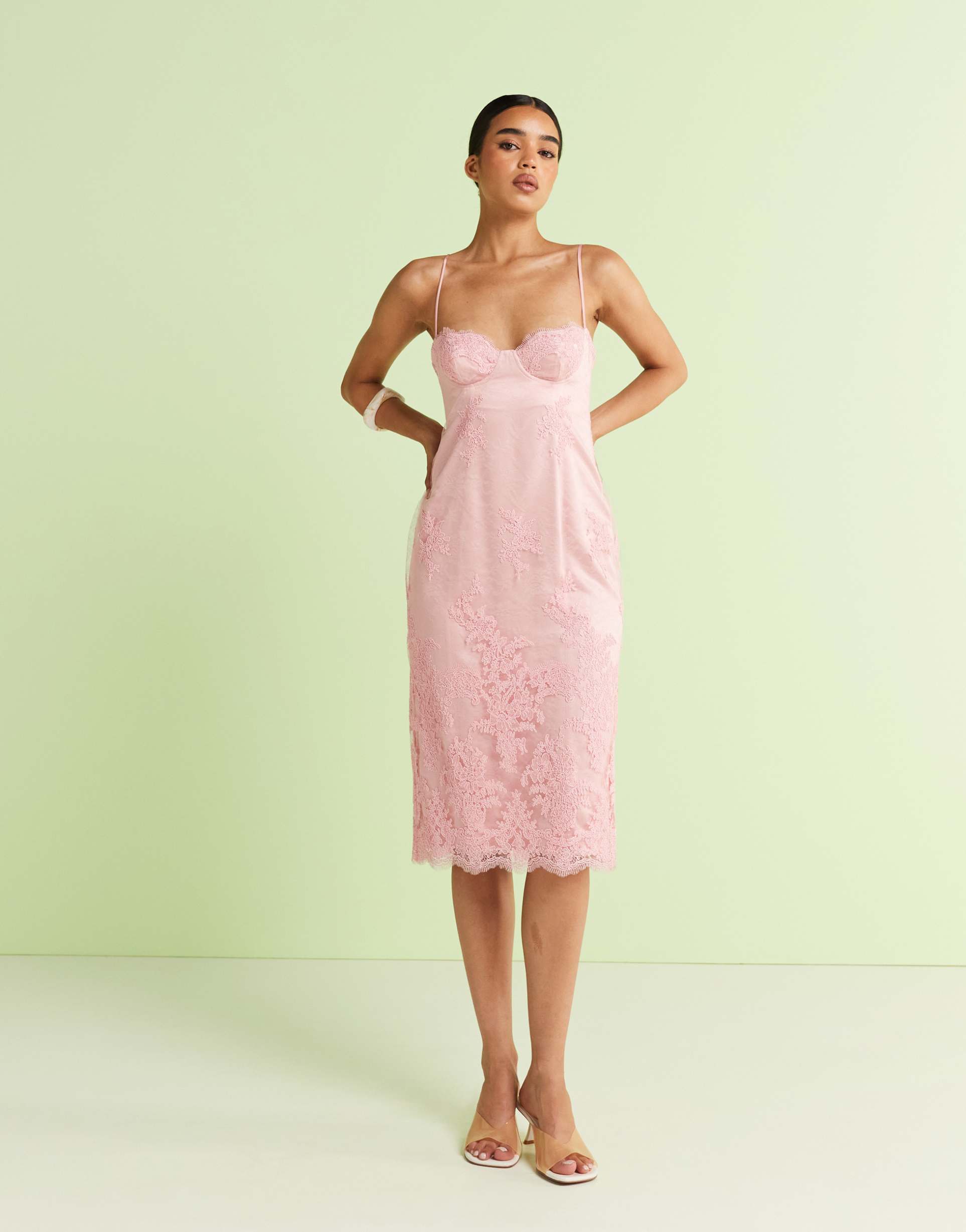 mango premium embroidered floral strappy midi dress in pink