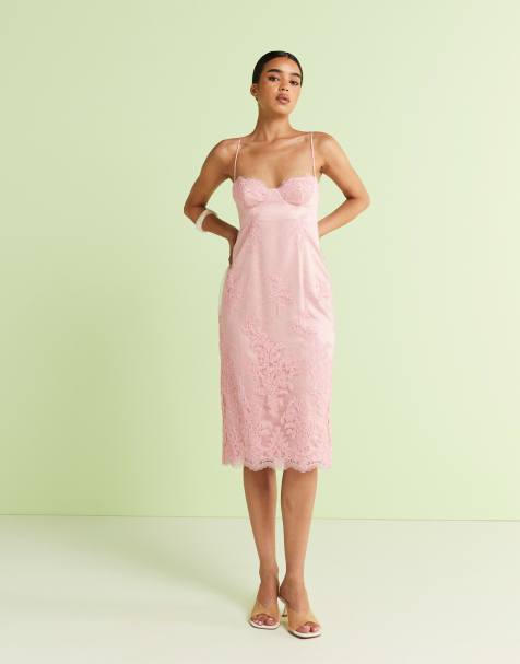 Mango premium embroidered floral strappy midi dress in pink