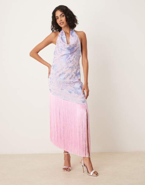 Mango premium halterneck embroidered floral maxi dress with fringing in pink