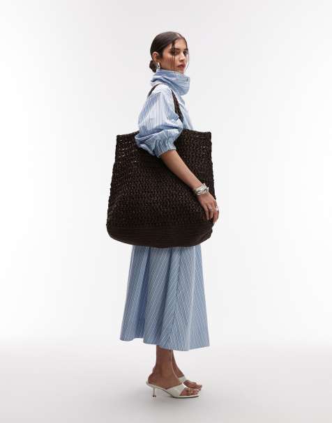 Mango premium jumbo raffia tote bag in chocolate brown - view 1