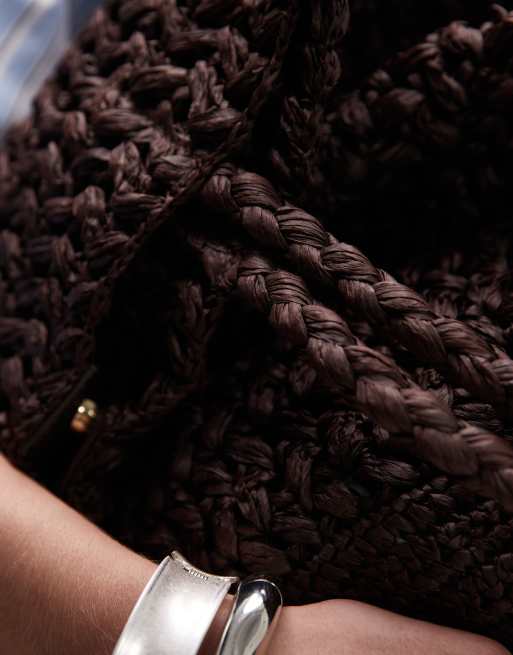 Mango premium jumbo raffia tote bag in chocolate brown
