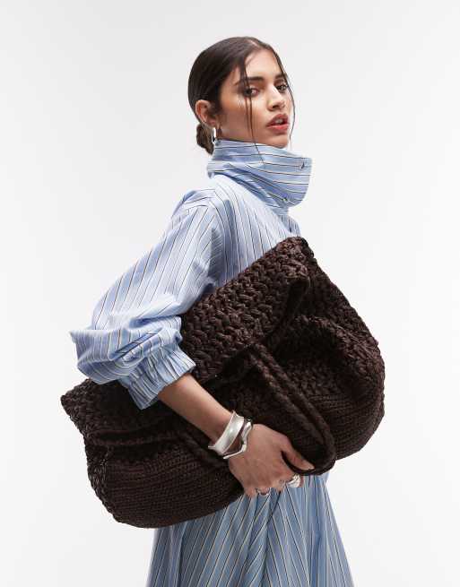 Mango premium jumbo raffia tote bag in chocolate brown
