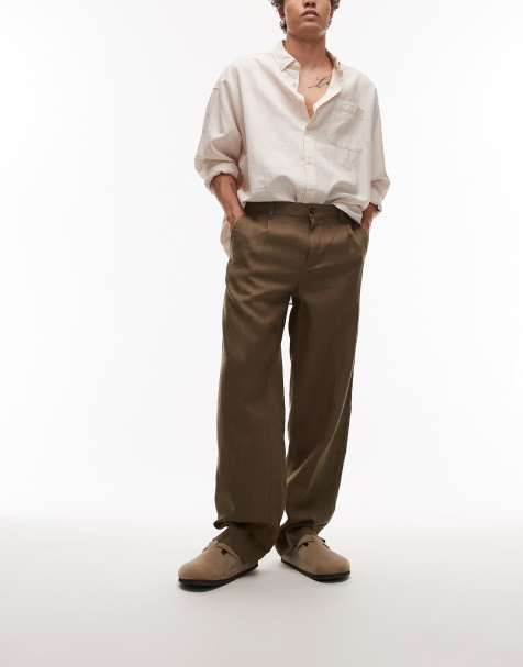 Mango premium linen mix tapered pants in dark brown - view 1