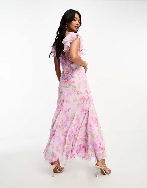 Mango - Premium - Lyserød blomstret midikjole med asymmetrisk kant, 4 af 4