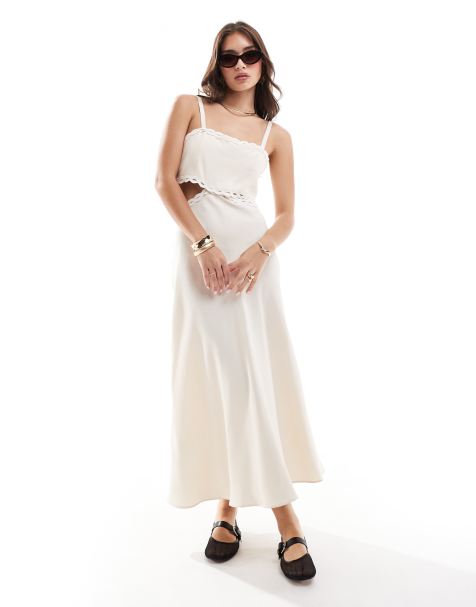 Mango – Premium – Midikleid in Hellbeige mit Cut-Out und Besatz - view 1