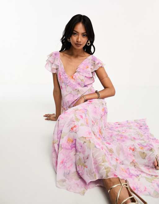 Mango – Premium – Midikleid in Hellrosa mit Blumenmuster und asymmetrischem Saum, 3 von 4