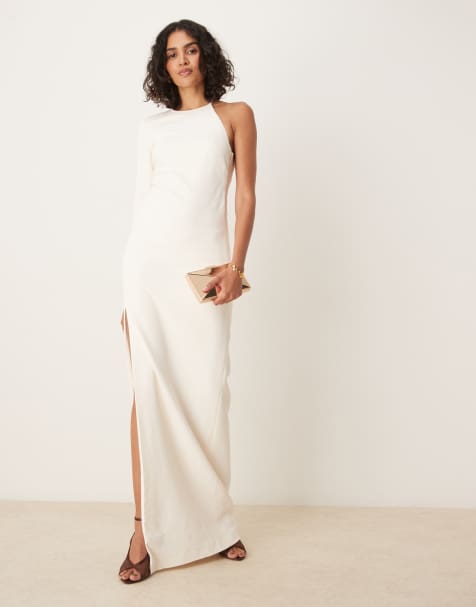Mango premium one shoulder side split maxi dress in white