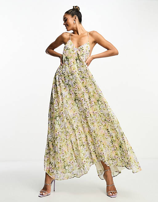Mango premium pleated maxi dress with backless detail in floral | ASOS