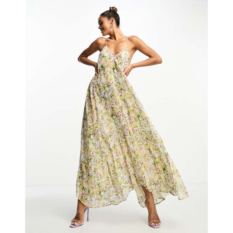 Mango premium pleated maxi dress with backless detail in floral | ASOS