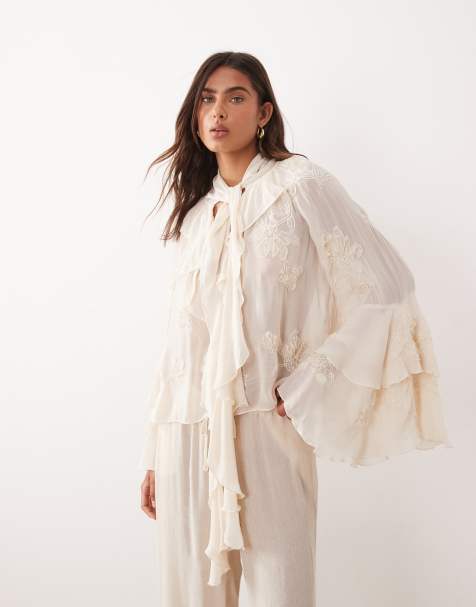 Mango premium ruffle detail embroidered blouse in cream - view 1