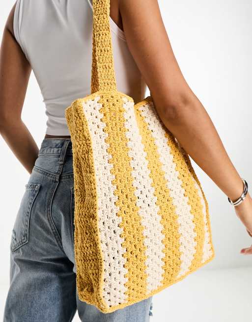 Sac De Plage En Maille Crochet Noire Et Blanche