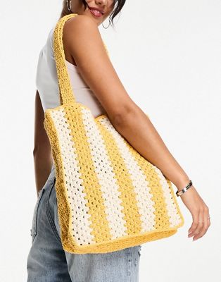 Mango premium stripe crochet beach bag in yellow
