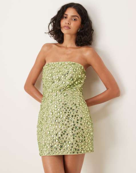 Mango premium structured bandeau mini dress with embroidered gems in green - view 1