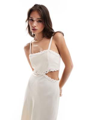 Mango premium trim cut out midi dress in light beige | ASOS