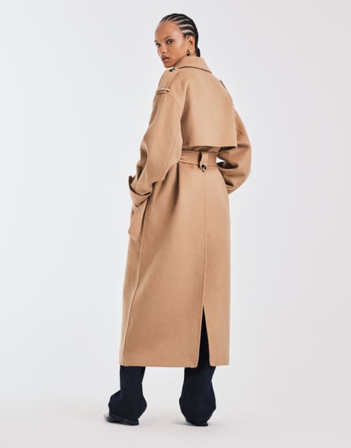 Mango premium wool blend maxi trench coat in brown, 4 of 4