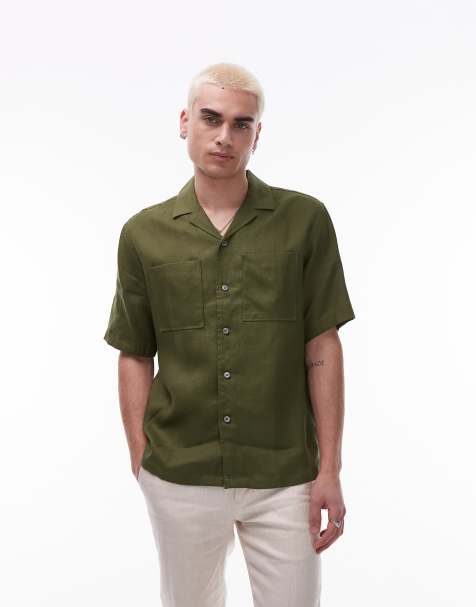 Mango premium linen short sleeve shirt in green