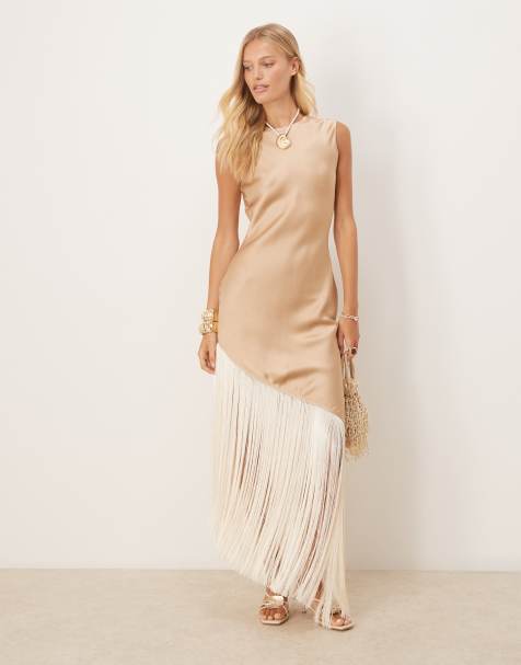 Mango premium racer maxi dress with fringing in soft gold