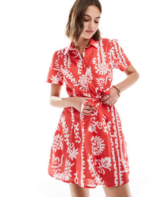 printed mini shirt dress in red