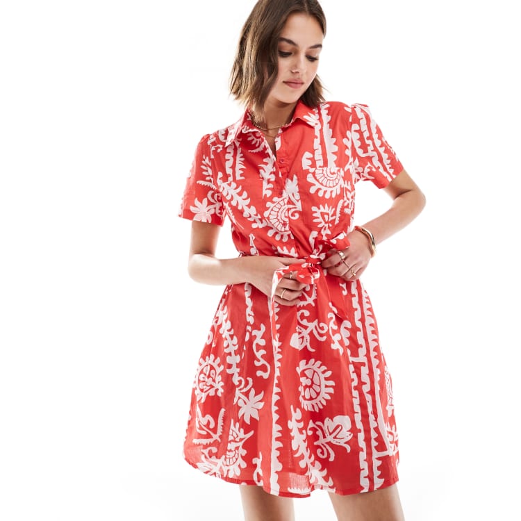 Mango printed mini shirt dress in red | ASOS