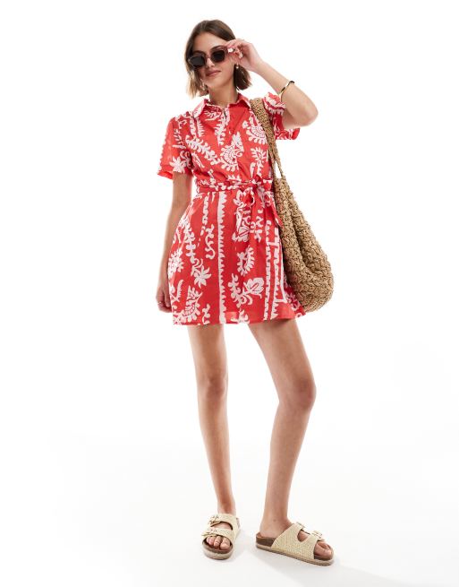 Mango printed mini shirt dress in red | ASOS