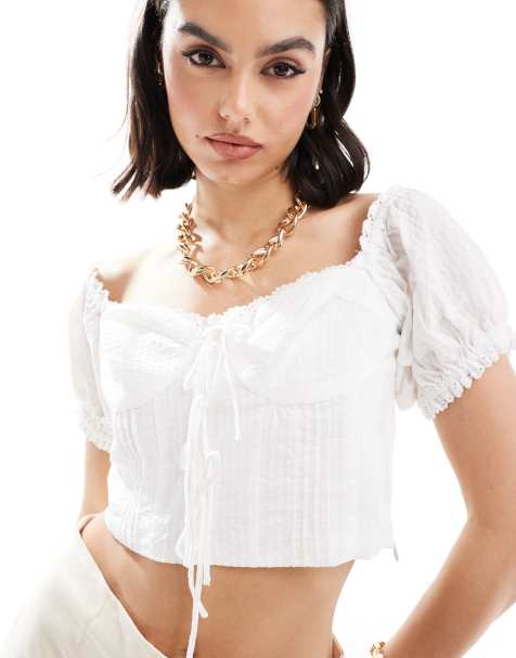 Mango puff sleeve bow front top in white - view 1
