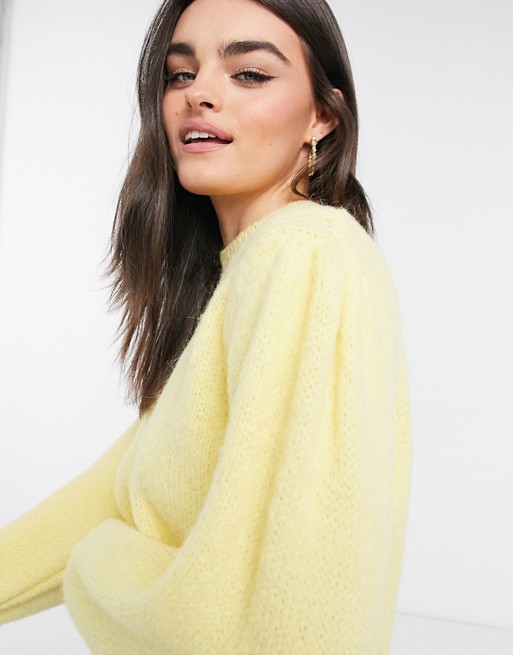 Mango puff sleeve detail soft touch jumper in lemon yellow