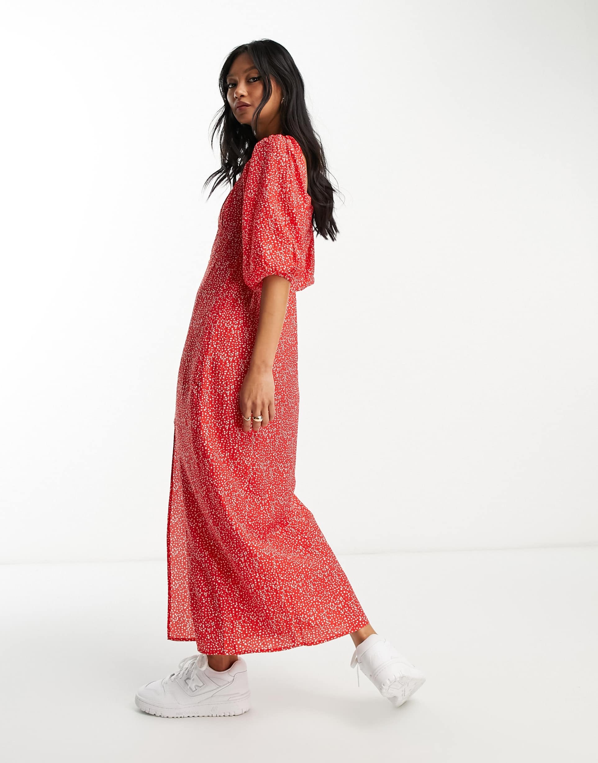 <b>Mango</b> puff sleeve midi dress in red and white spot , 3 of 4.