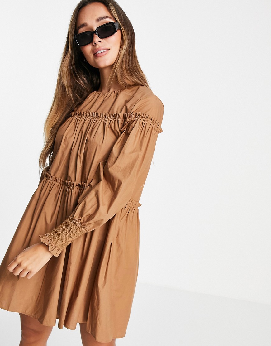 Mango puff sleeve poplin dress in camel-Neutral