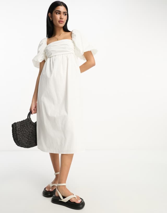 Mango puff sleeve square neck midi dress in white