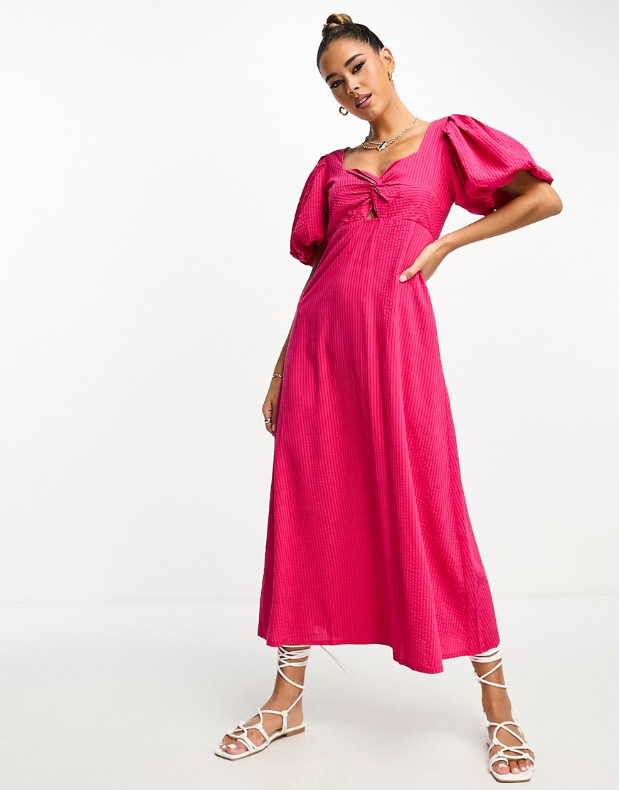 Mango puff sleeve twist front midi dress in pink