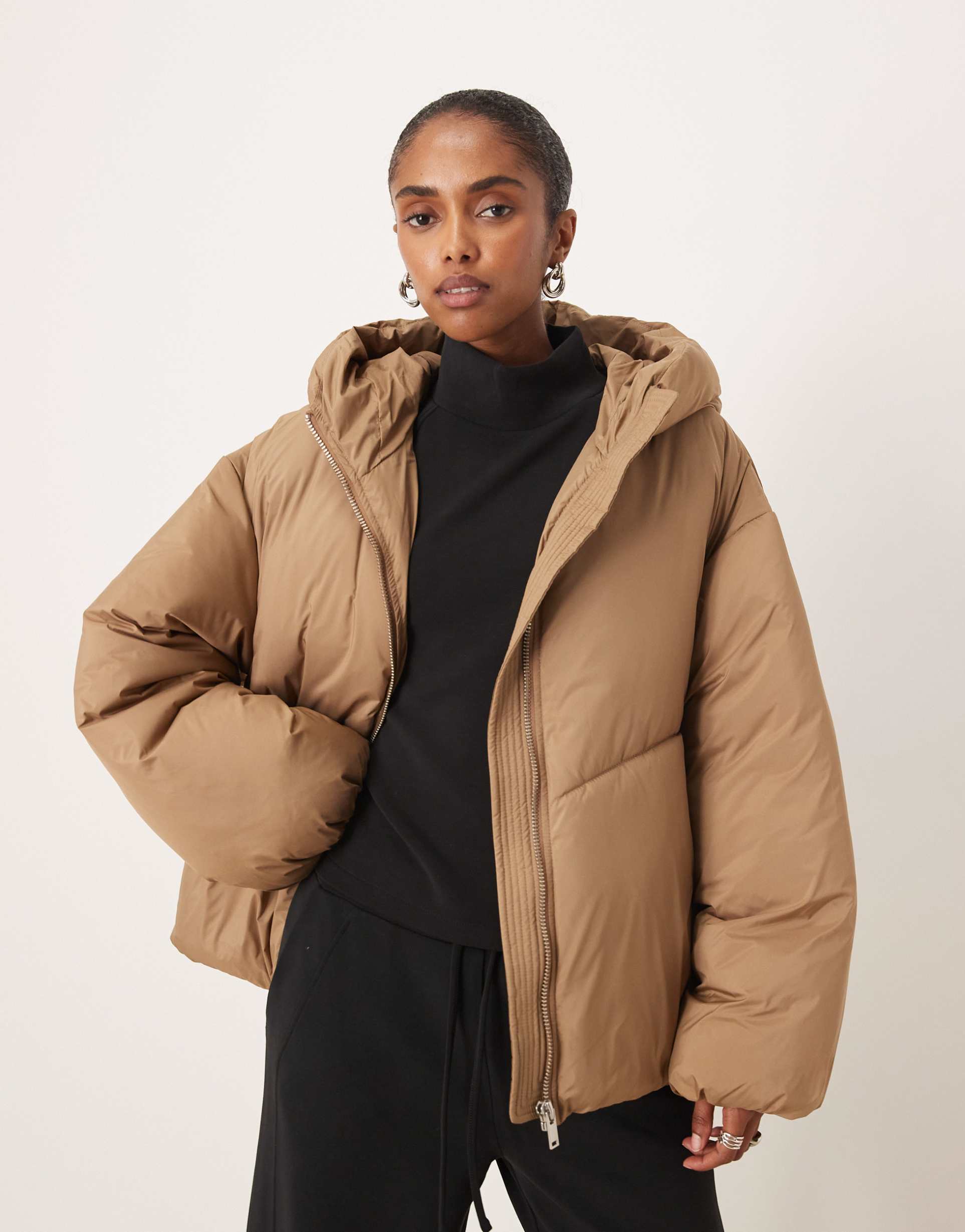 mango puffer jacket with hood in beige