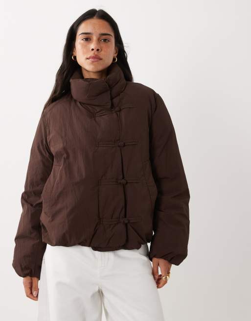 Mango puffer jacket with mandarin buttons in brown, 3 of 4