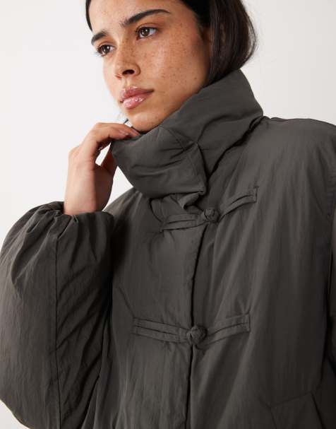 Mango puffer jacket with mandarin buttons in grey - view 1