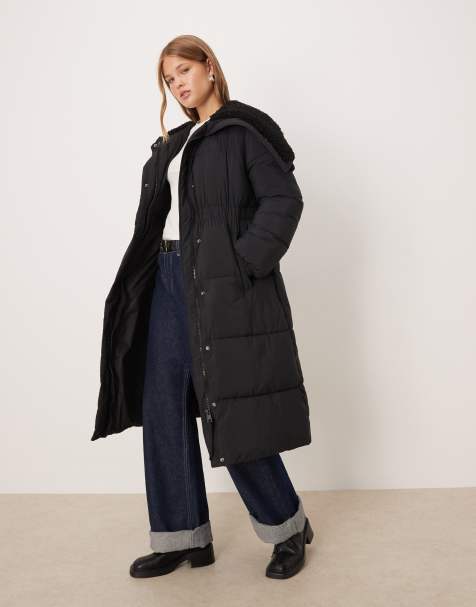 Mango puffer jacket with split zip fur hood in black - view 1