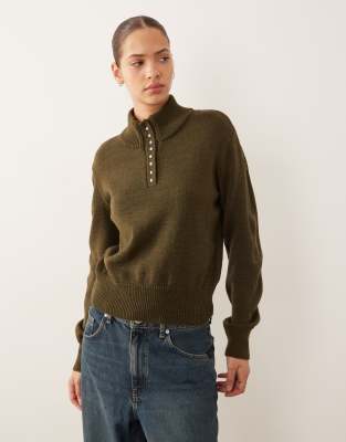 Pull à col montant et détail boutonné - Kaki-Vert M