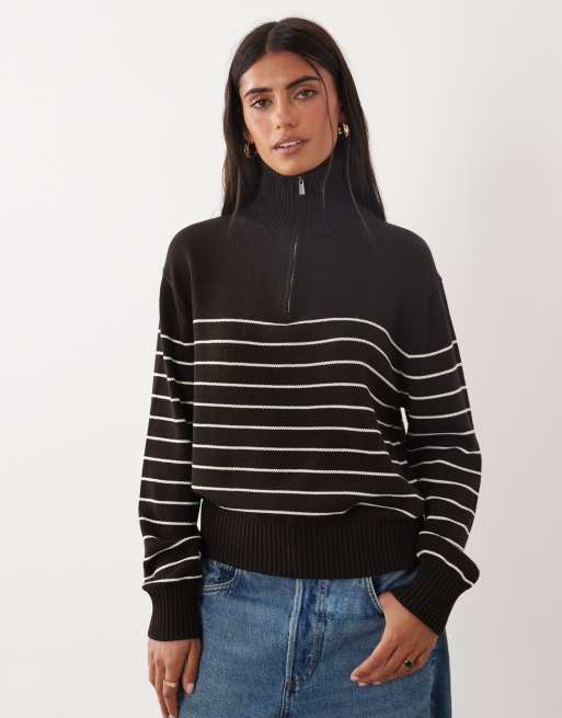 Mango pull à col zippé quart de zip à rayures marron, 3 de 4