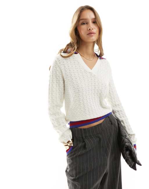 Mango - Pull col en V style universitaire - Blanc cassé