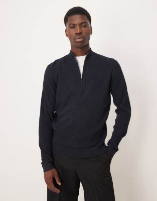 Mango - Pull côtelé en coton mélangé à col zippé - Bleu marine