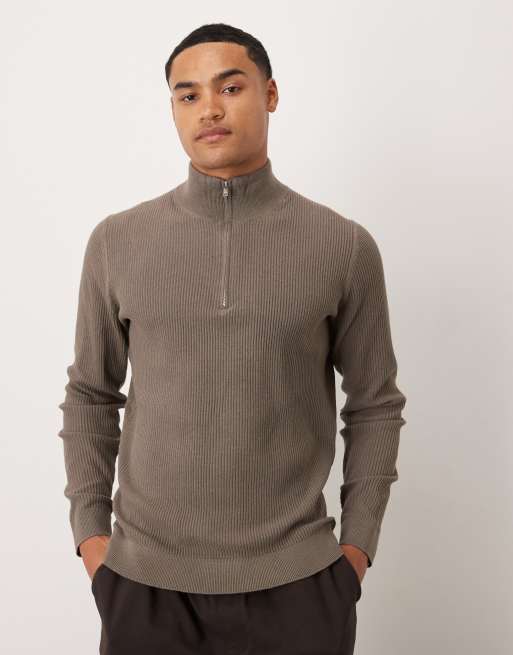 Mango - Pull côtelé en coton mélangé à col zippé - Bleu marine