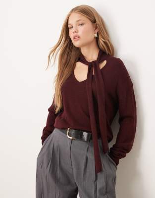 Pull en maille à col en V avec détail foulard - Bordeaux-Rouge XS