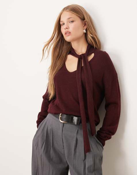 Mango - Pull en maille à col en V avec détail foulard - Bordeaux - view 1