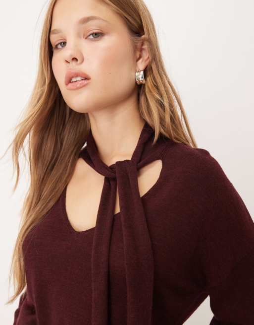 Mango - Pull en maille à col en V avec détail foulard - Bordeaux , 4 de 4