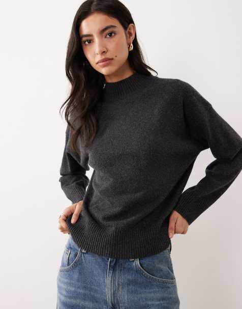 Mango - Pull en maille à col montant - Anthracite - view 1