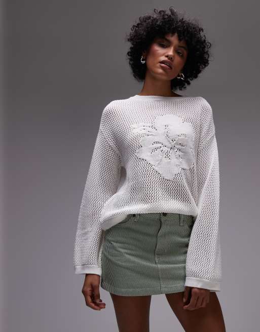 Mango - Pull en maille au crochet à motif fleur d'hibiscus - Blanc