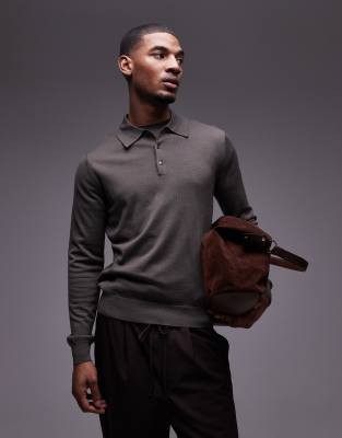Mango - Pull en maille avec col polo boutonné - Marron clair