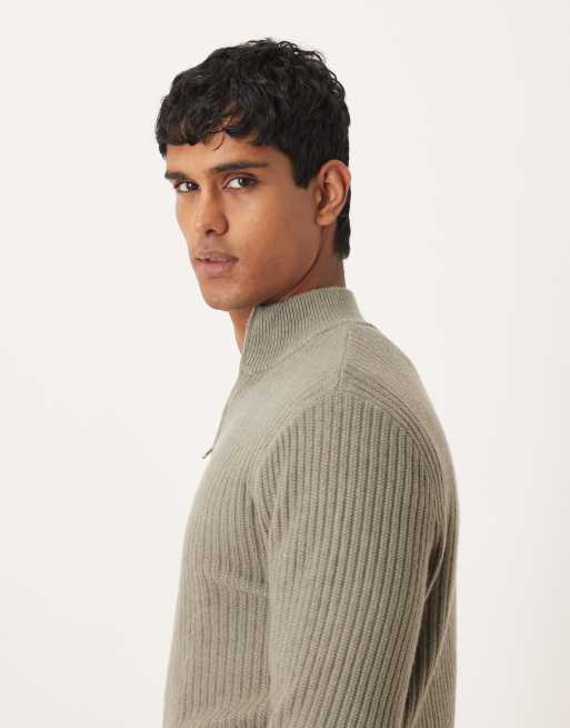 Mango - Pull en maille de laine mélangée à col zippé - Vert sauge, 4 de 5