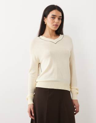 Pull en maille légère avec col V et liseré bordeaux - Jaune pastel L
