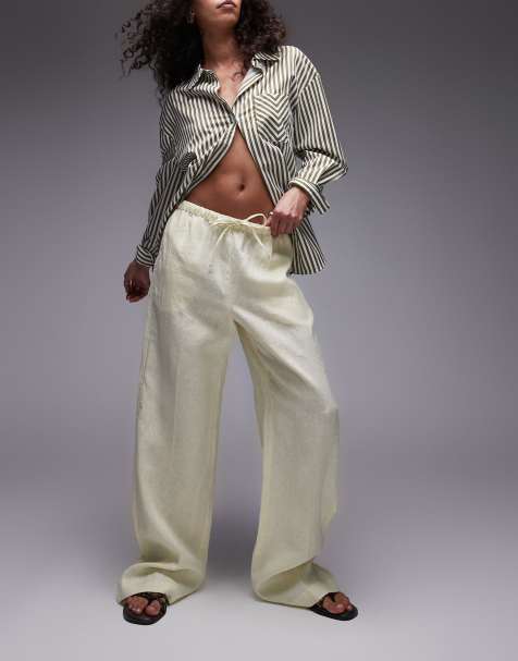 Mango pull-on soft touch linen pants in butter yellow - view 1