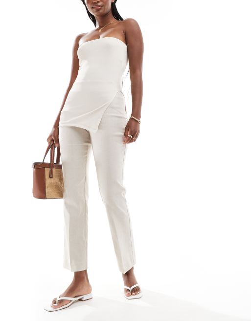 Mango pull on stretch linen pants in beige